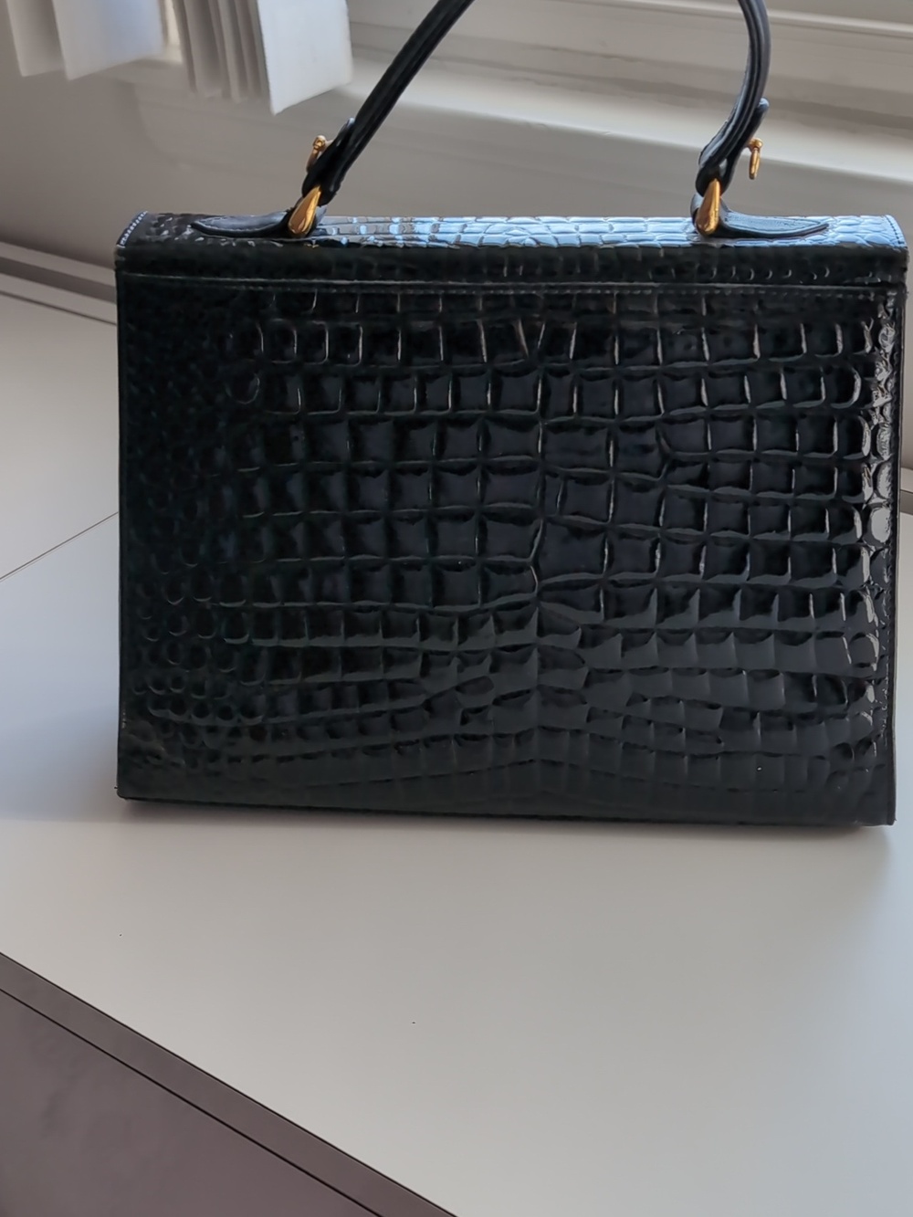 Croc-Embossed Structured Top-Handle Satchel in Black with Gold Hardware - Picture 2 of 4